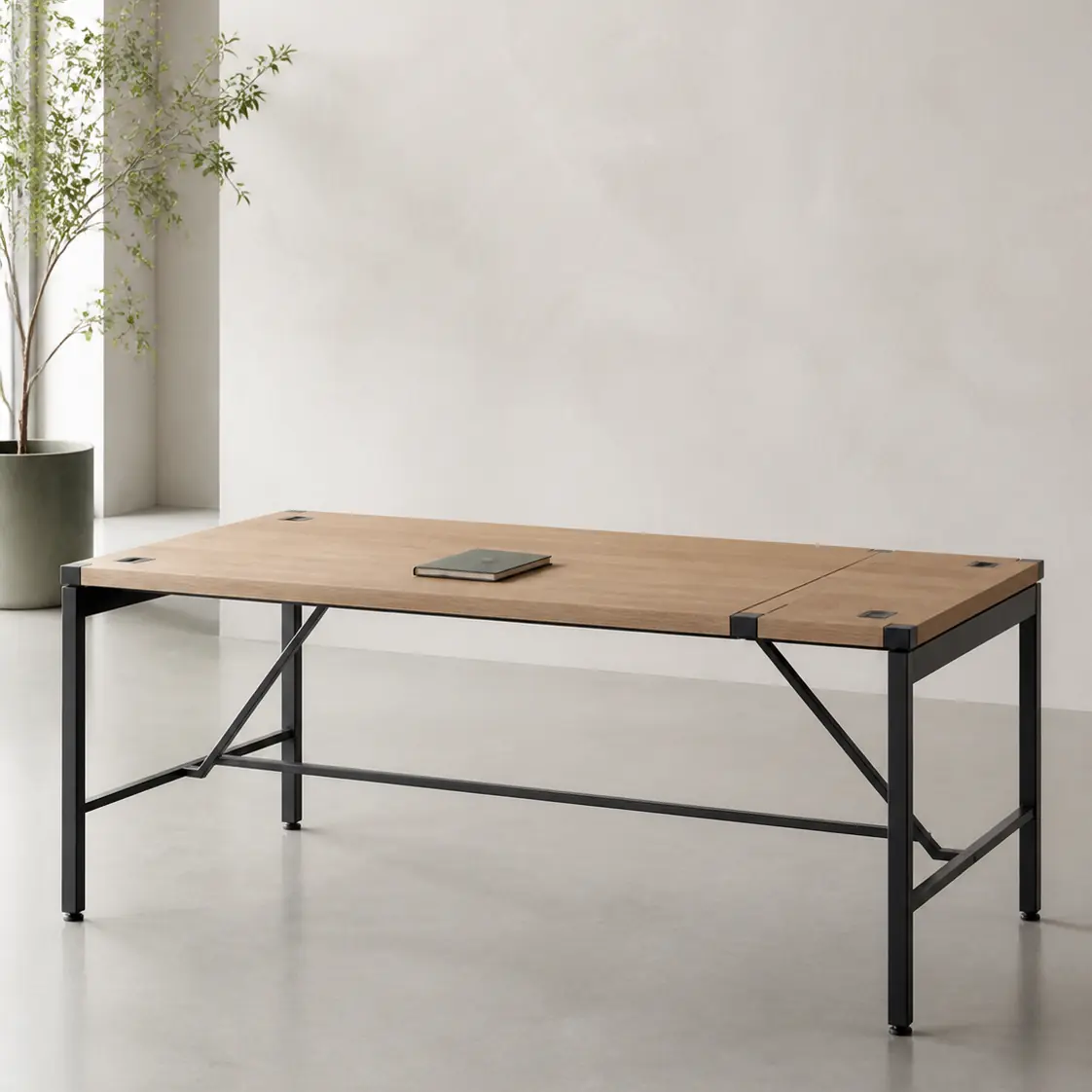Oak modular desk in a bright studio